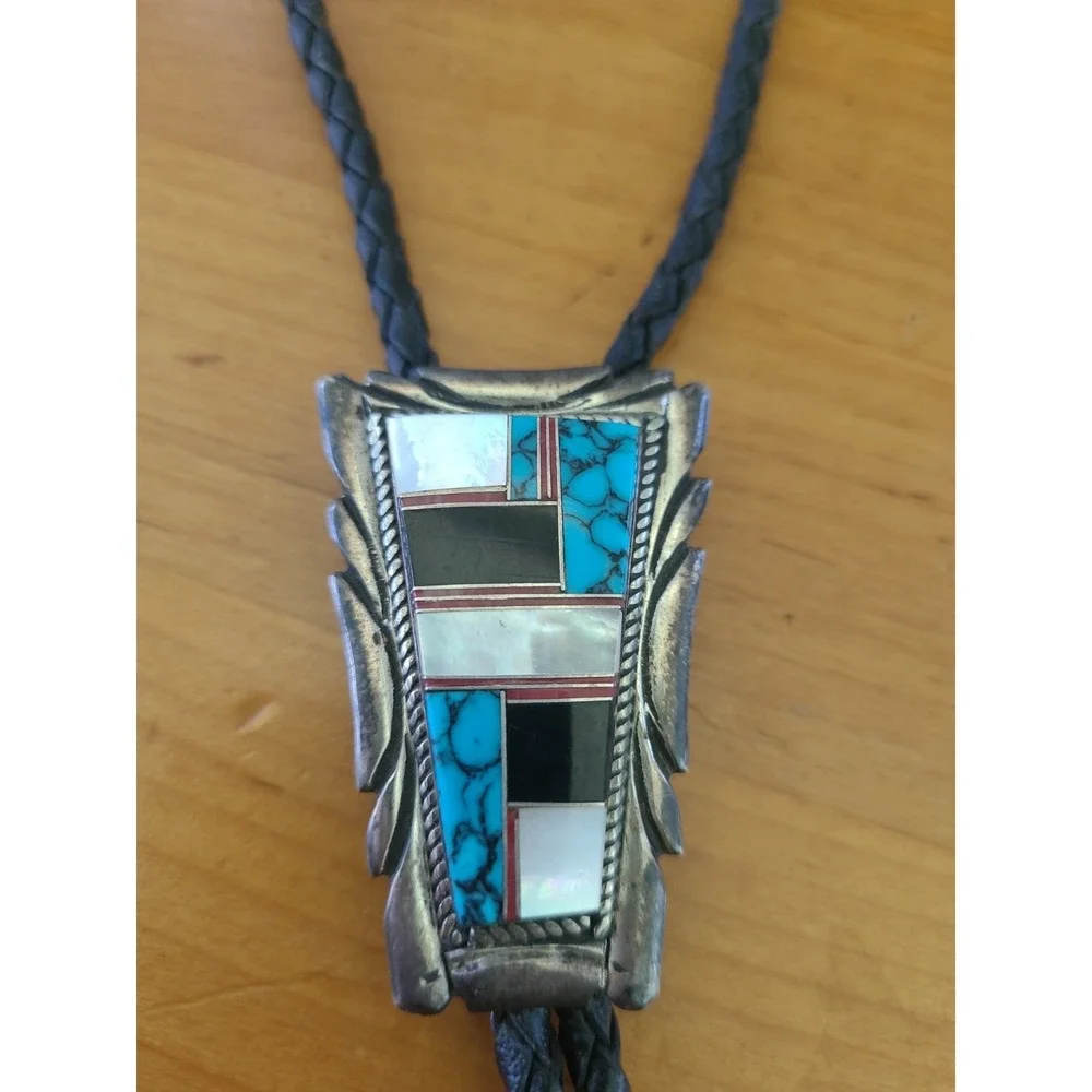 Vintage Zuni Sterling Silver Multi Stone Inlay Bolo Tie Turquoise Coral